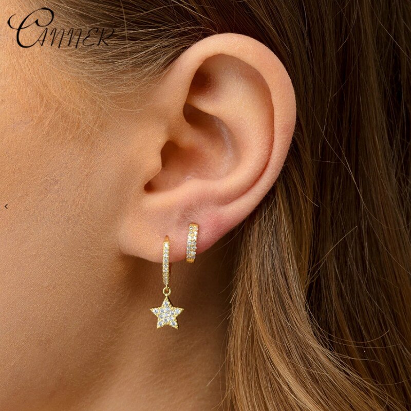 CANNER 925 Sterling Silver Dangle Earring for Women Cartilage Star Earrings Micro Paved CZ Round Circle Earrings