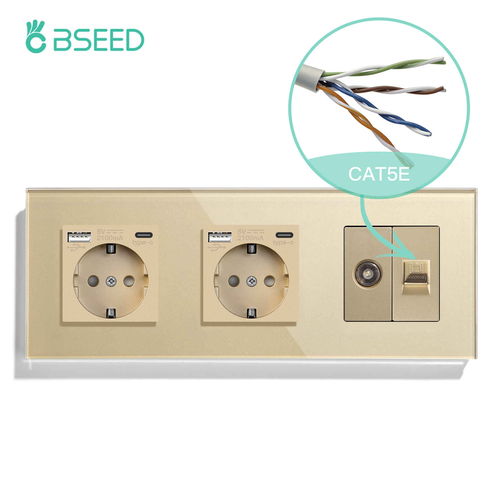 BSEED TV CAT5 With EU Socket Double Wall Sockets TV Internet RJ45 PC Connections Type-c USB Electric Sockets Glass Frame: TYPE5