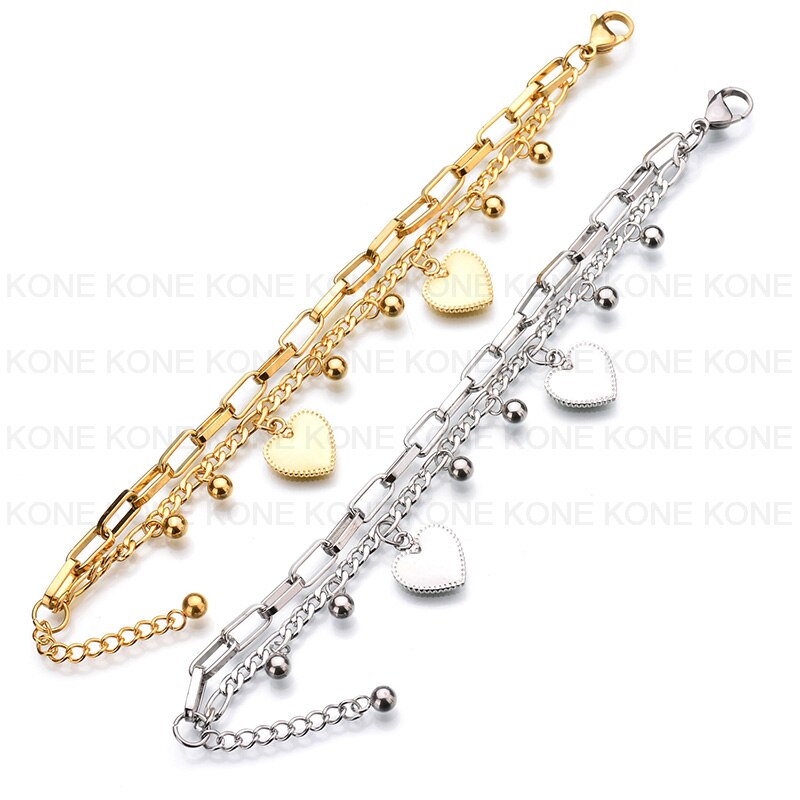 Uzone Rvs Dubbele Laag Kralen Hart Armbanden & Bangles Charm Link Armbanden Voor Vrouwen Liefde Gouden Ketting Sieraden
