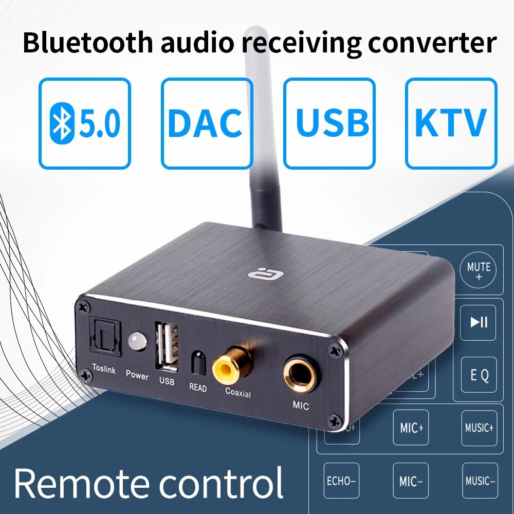 Adaptador decodificador DAC de Audio, receptor con Bluetooth 5,0, reproductor de disco en U, adaptador de micrófono KTV Coaxial óptico a Convertidor analógico