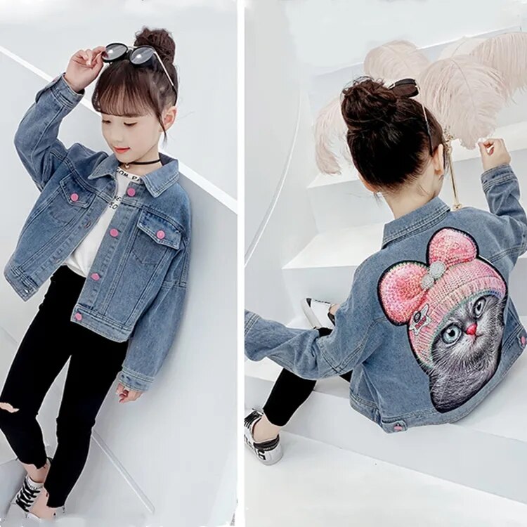 Lente Herfst Meisjes Denim Jas Kinderen Student Denim Top Baby Casual Jas Cartoon Jas Voor Meisje 4 6 8Y