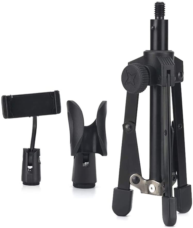 Foldable Tripod Desktop Microphone Stand Holder include Microphone clip Phone clip: black