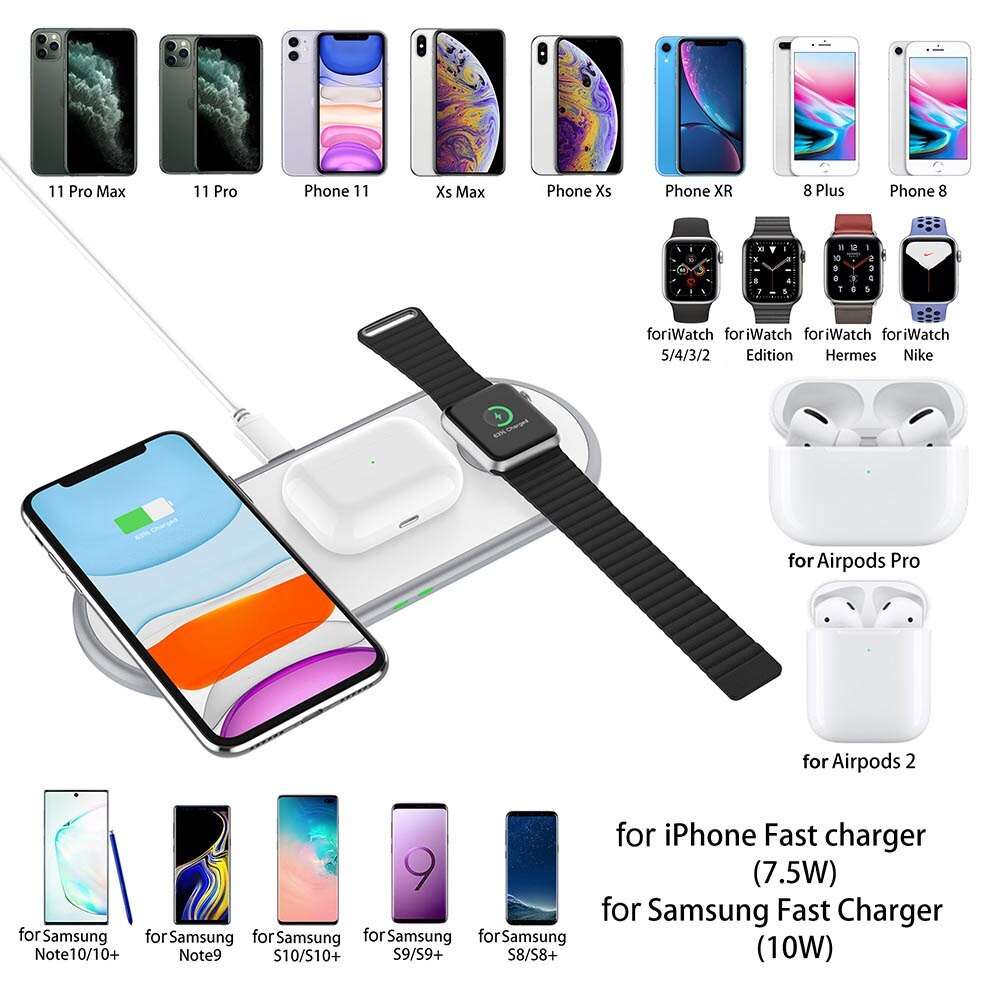 3 In 1 10W Snelle Qi Draadloze Oplader Station Charging Dock Pad Voor Apple Horloge 5 3 4 2 airpods Pro Iphone 8 X Xr Xs 11 Pro Max