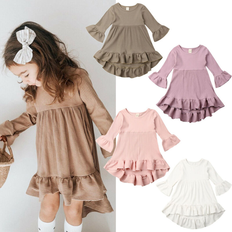 Prinsesse barn baby pige kjole efterårs strik solid lange ærmer flæse tutu kjole bryllup fest tøj
