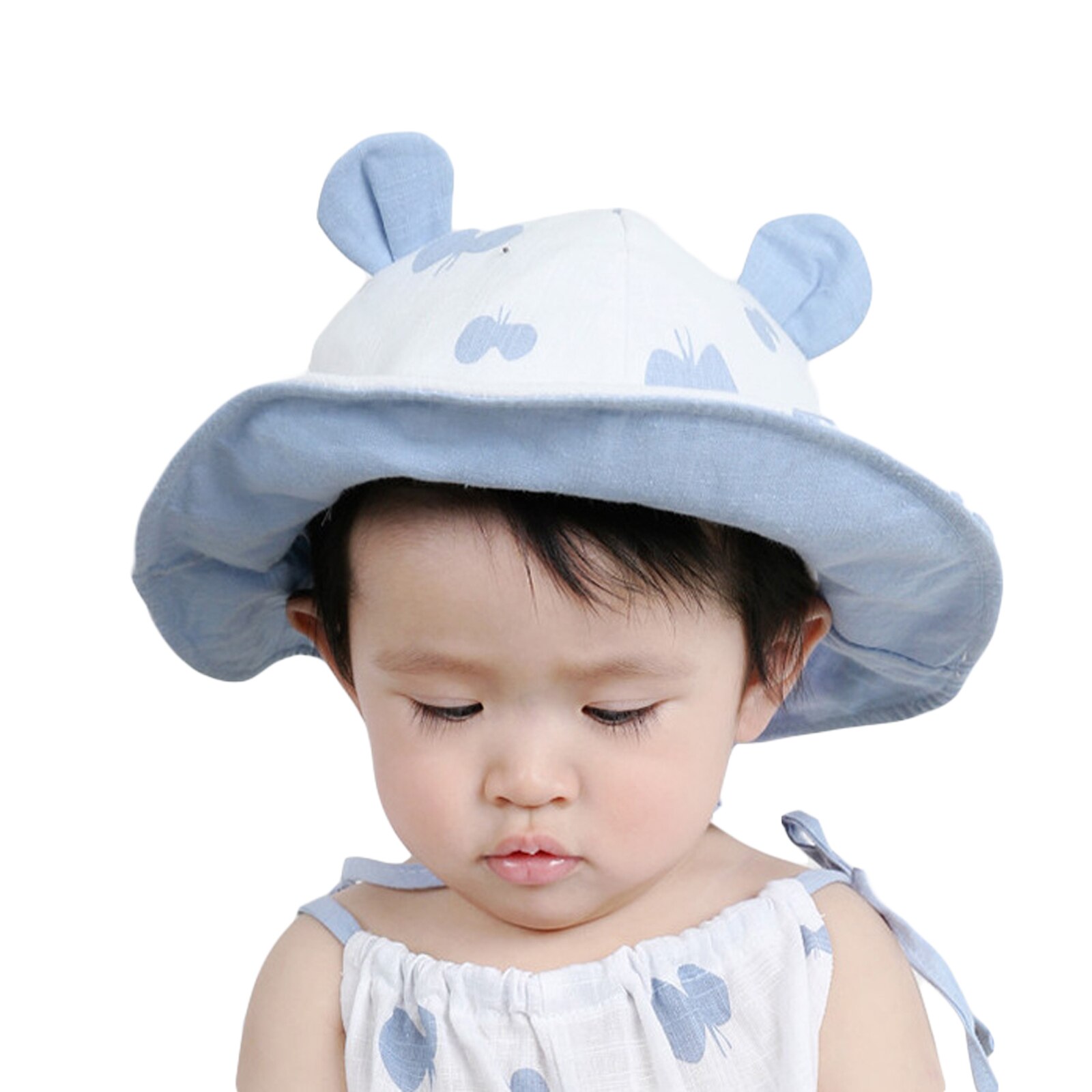 Sombrero de Sol para bebé de 2 a 6 meses, gorro de pescador de algodón con dibujo de lazo y orejas de oso, ala ancha: Azul