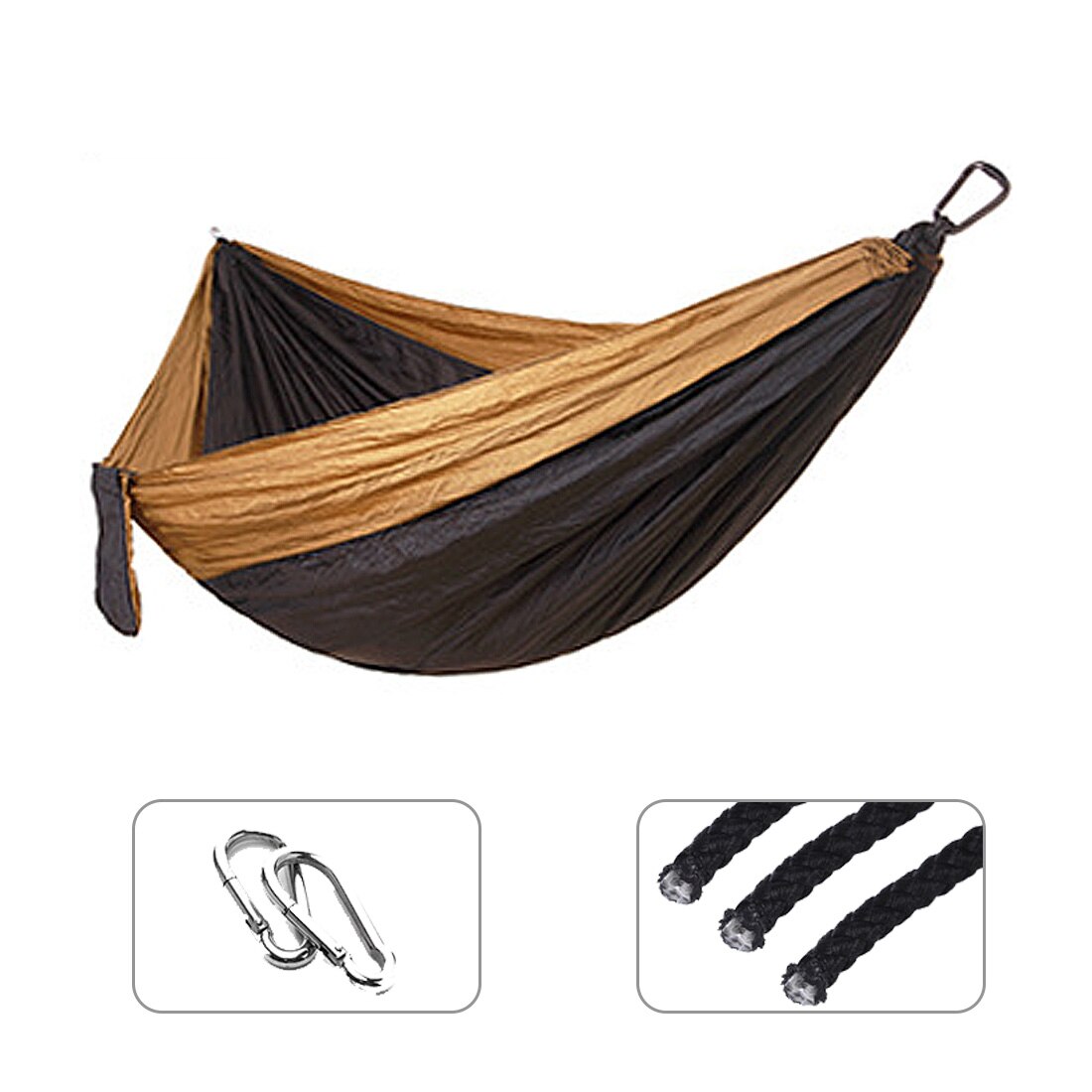 Single Double Hammock Adult Outdoor Backpacking Travel Camping Survival Sleeping Bed Portable Thicken With 2 Ropes 2 Carabiners: Camel add Black