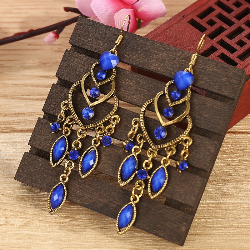 Vintage Women's Green Crystal Beads Tassel Earrings Bollywood Bohemia Geometry Gold Alloy Wedding Earrings Hangers