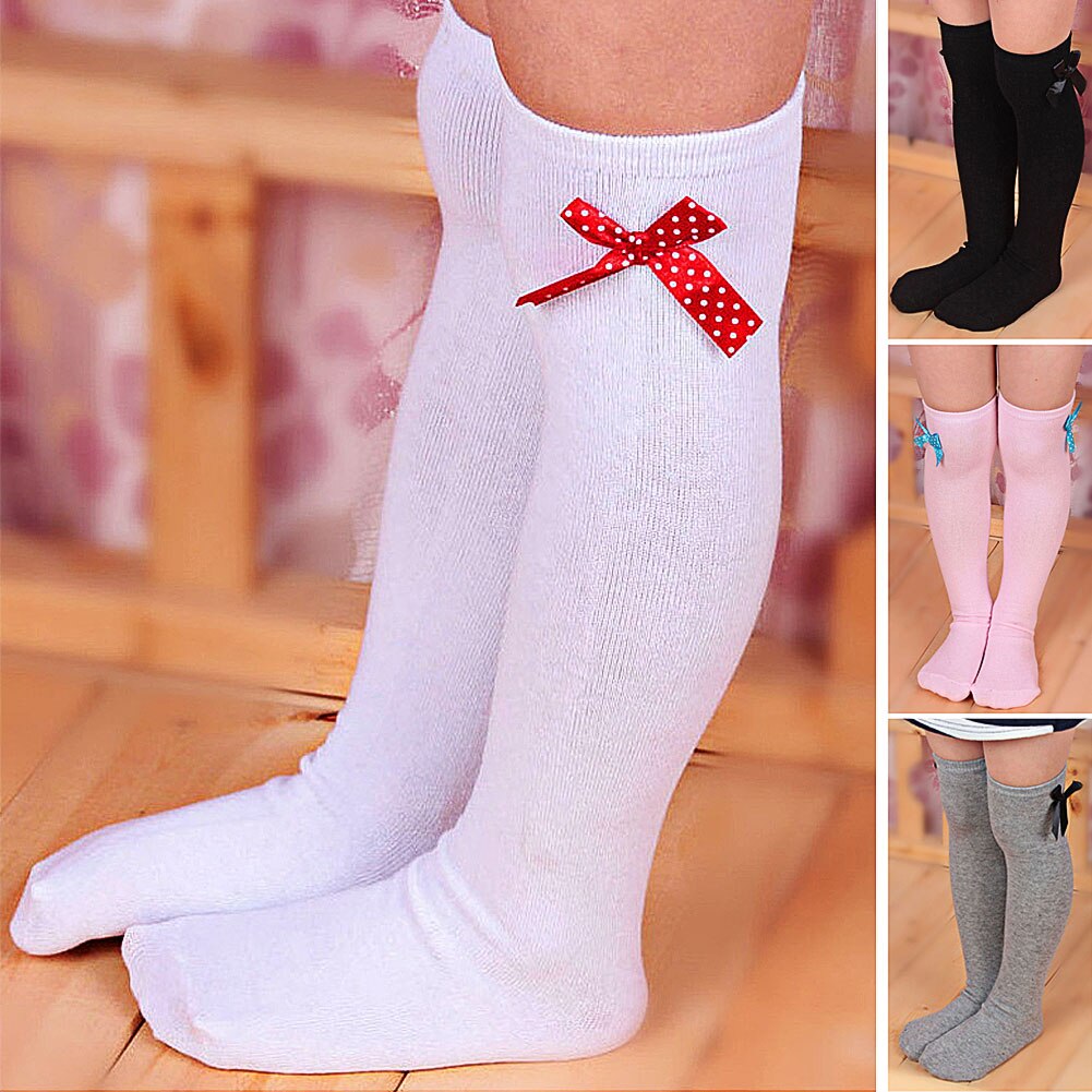 1 Pair of Kids Girls Solid Color Striped Bow Stockings Elastic Over the Knee Long Socks Girl Knee Socks