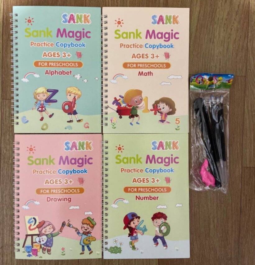 4 Boeken/Sets Van Kinderen Magische Boeken, Herbruikbare 3D Kalligrafie Copybooks, engels Nummer Belettering Magic Praktijk Copybooks