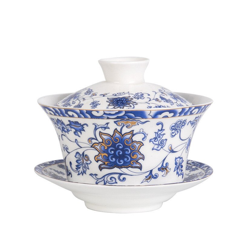 350ml Extra Big Sancai GaiWan Chinese Old Beijing Tea Bowl Jingdezhen Blue and White Porcelain Tea Cup and Saucer Set: Gold Wire Lotus