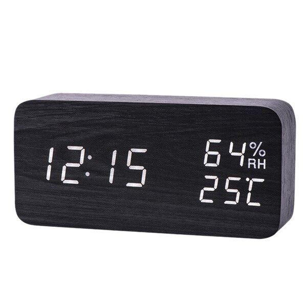 LED Wooden Alarm Clock Watch Table Voice Control Digital Wood Despertador Electronic Desktop USB/AAA Powered Clocks Table Decor: Black