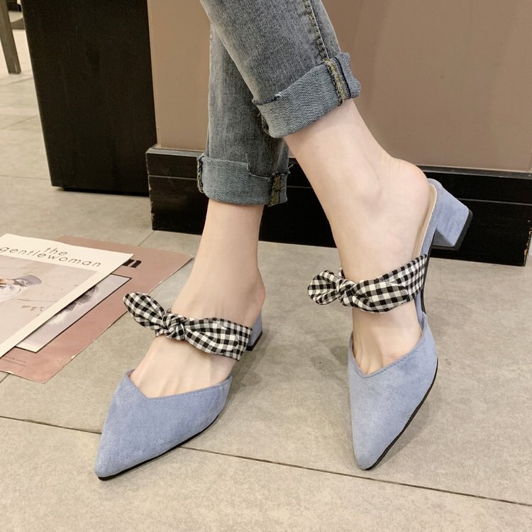 Kvinnor tip chunky-heel skor koreanska högklackat tå sandaler dam söt rosett tjock klack tofflor sommar aprikos skor: Blå / 5