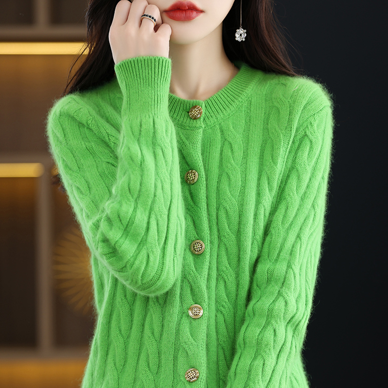 Cárdigan de Cachemira de visón para mujer, suéter con cuello redondo, abrigo de punto grueso, chaqueta holgada informal, camisas Base, Otoño, 100%: M / Verde