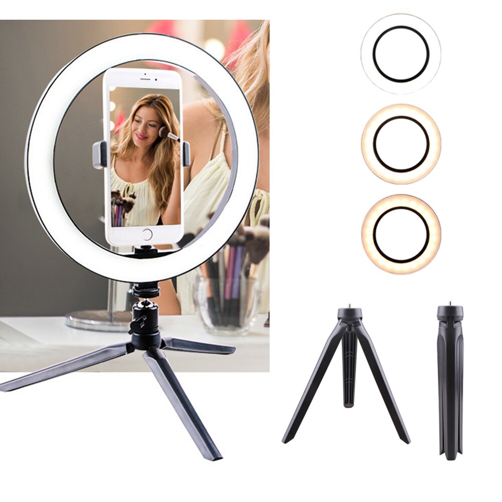 2700K-6500K 12W LED Video Ring Light Fill-in Lamp Dimmable Camera Phone Lamp with Table Tripods