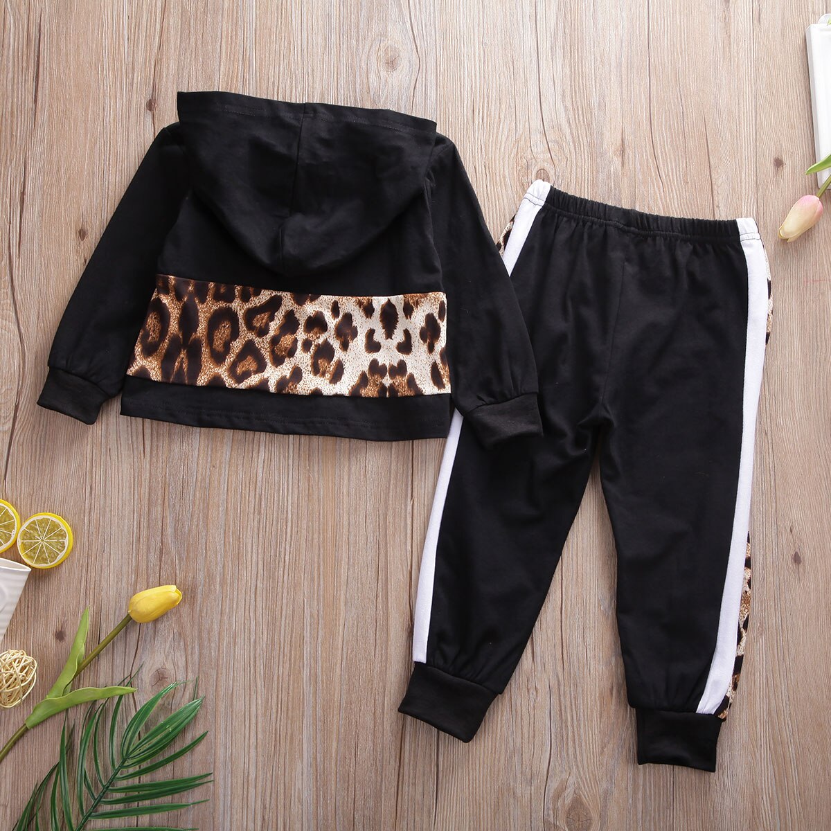 Set Flickor Kläder 2-7 År Vinter Huvtröja Långärmad + Byxor Träningsdräkt Leopard Flickkläder