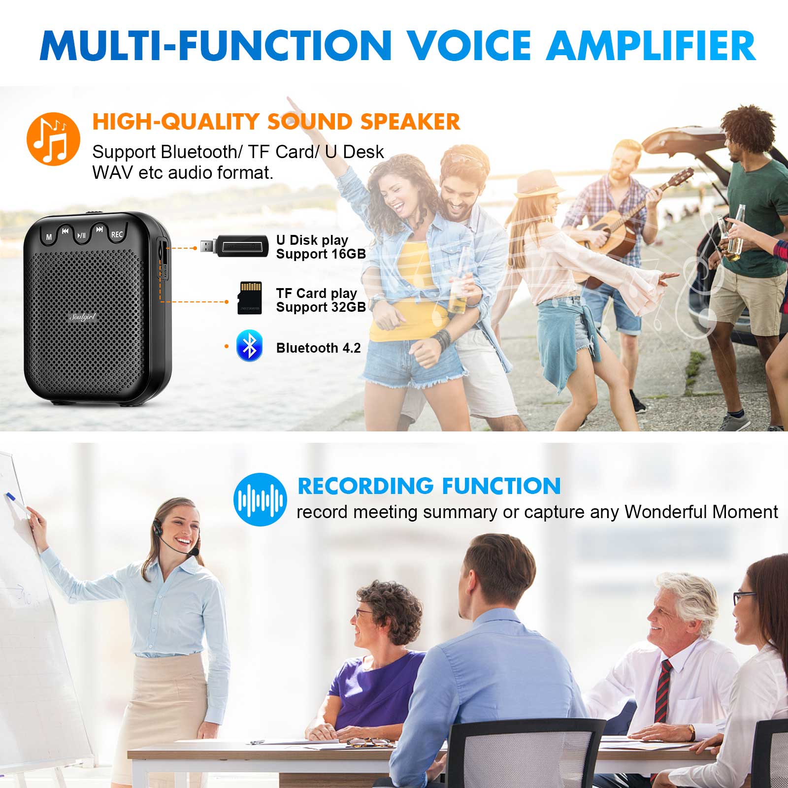 Voice Amplifier with UHF Wireless Microphone Headset, 20W 2600mAh Portable Rechargeable Speaker for Multiple Locations such as C
