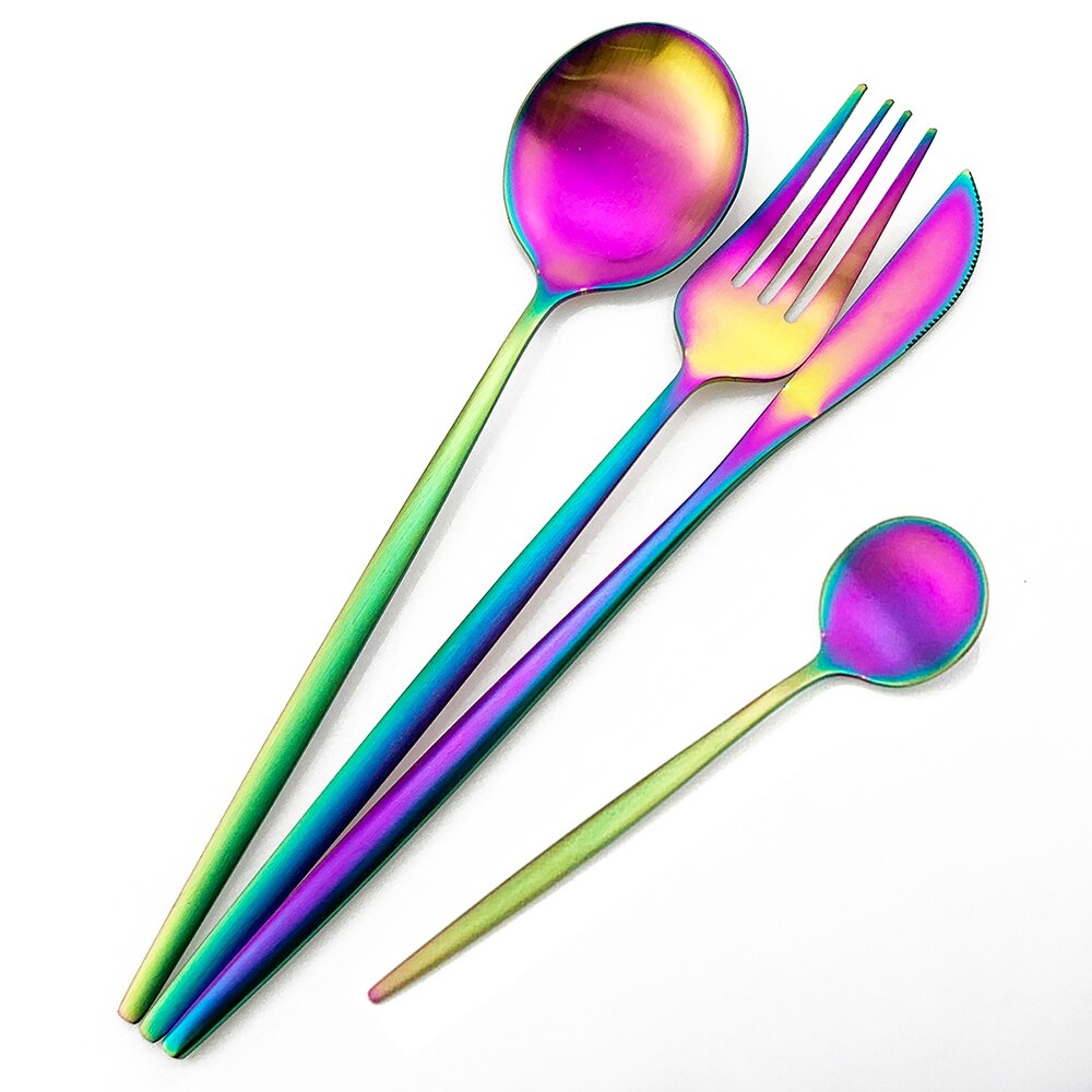 24pcs/48pc Rainbow Dinnerware Set 304 Stainless Steel Cutlery Set Fork Knife Spoon Flatware Set Kitchen Tableware Silverware Set