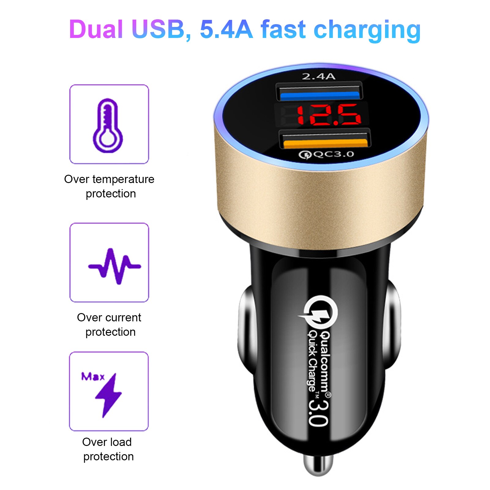 Universell billader Dobbel usb digital skjerm 5 vqc 3.0+2.4 acar laderadapter biltilbehør interiør til iphone  xr 11