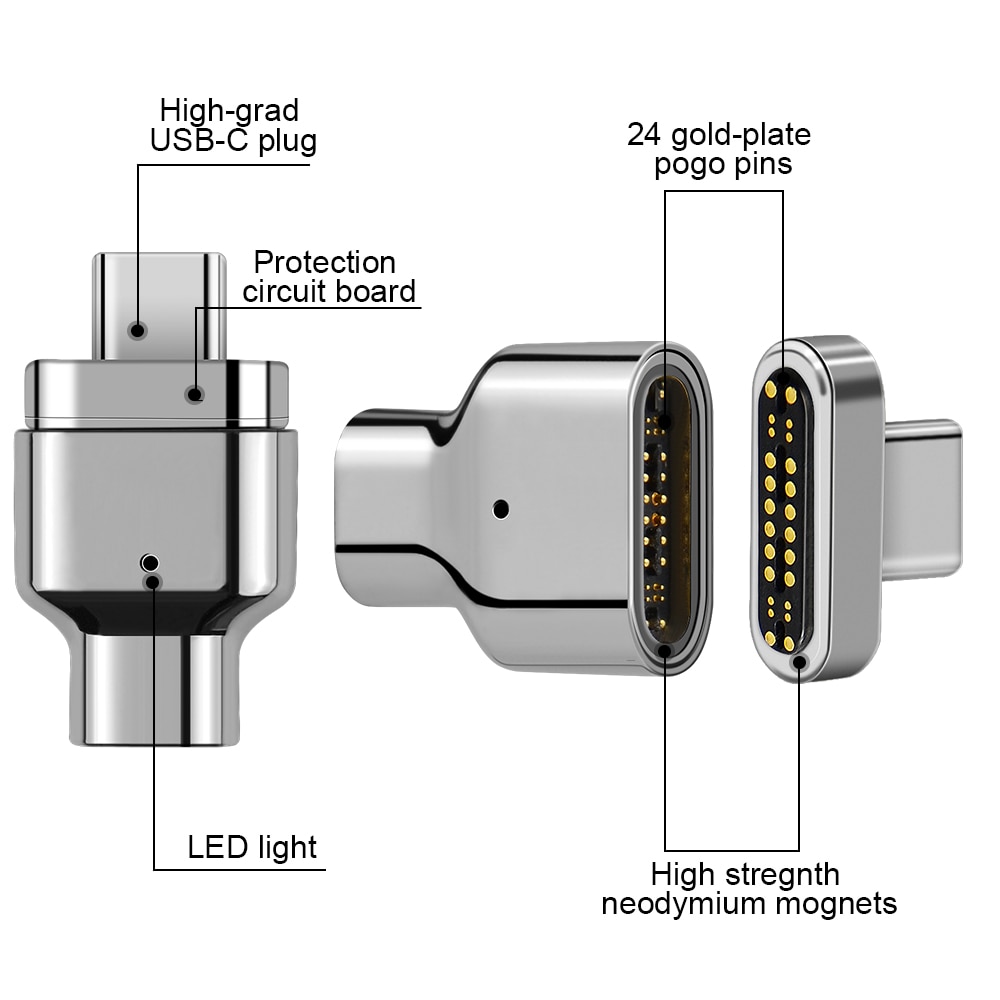 Magnetisk usb c adapter 9 ben 20 ben 24 ben type c stik usb  pd 100w hurtig opladning 10 gbp/s data for mere type c enhed