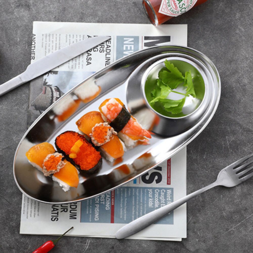 Stainless Steel Snack Dish Plate Ketchup Sauce Dipping French Fries Dish Divided Grid Plate Fried Chicken Dish Platos