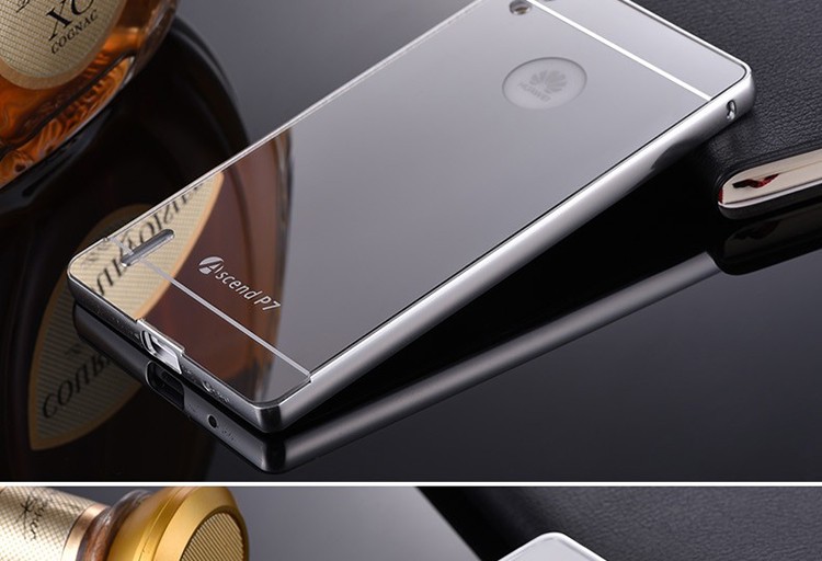 Funda de teléfono para Huawei P7 de lujo con revestimiento eléctrico de aluminio marco de Metal espejo acrílico funda trasera para Huawei Ascend P7: Silver