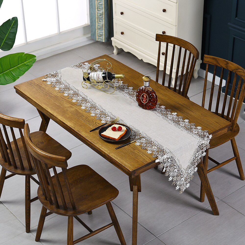 Lace Embroidered Table-runner Decorative Cotton Linen White Lace Embroidery Table Runner