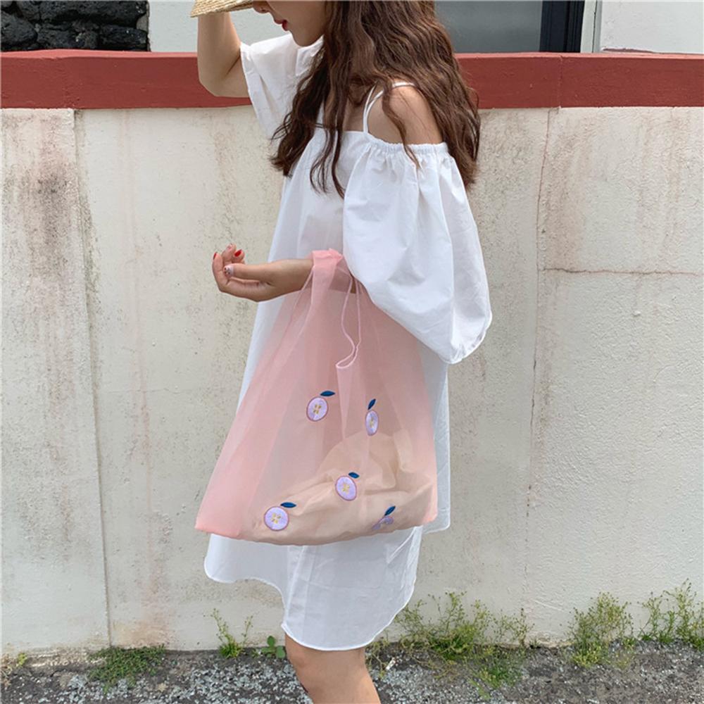 Spring Women Small Transparent Tote Mesh Cloth Bag Daisy Embroidery Handbag Eco Fruit Bag Purse For Girls: Style C-Pink