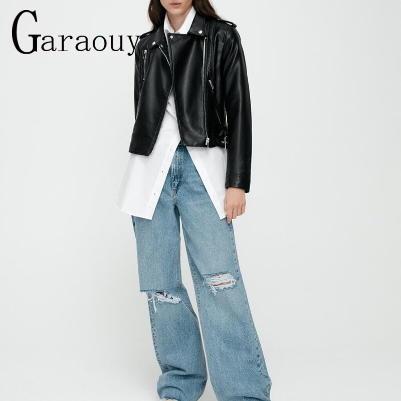 Garaouy-Chaqueta corta de cuero sintético para Mujer, chaqueta holgada de estilo Retro, con cremallera, color negro, para otoño e invierno, novedad de 2022