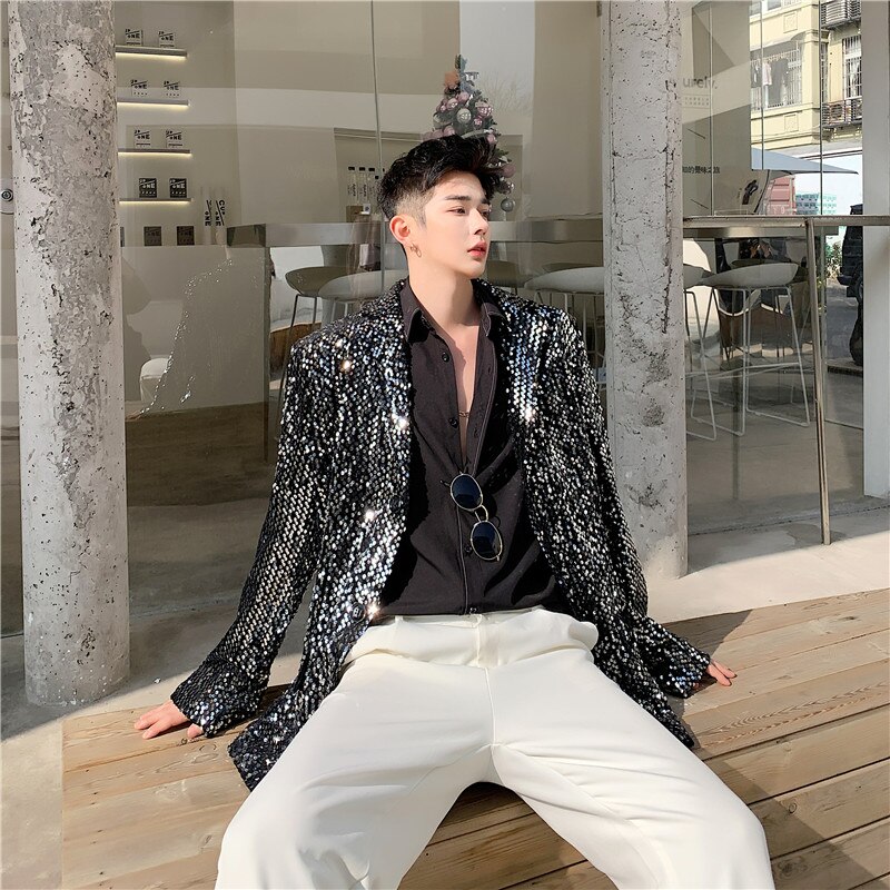 Vintage décontracté costume ample manteau pardessus hommes Sequin mâle scène spectacle Blazer veste d'extérieur femmes Blazers vestes B75