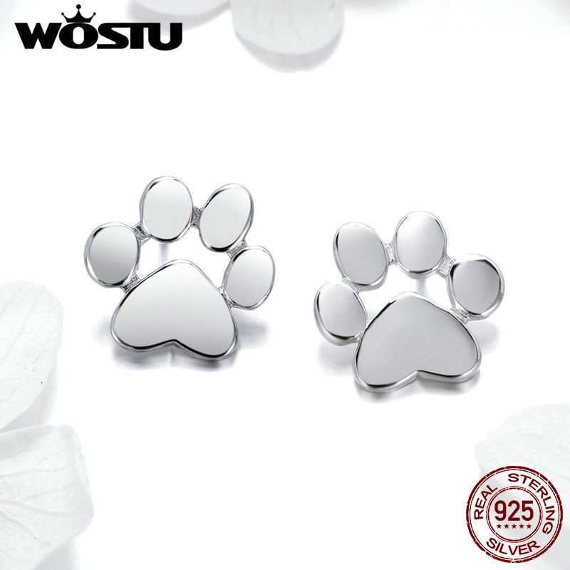 Wostu Real 925 Sterling Zilver Leuke Hond Voetafdrukken Tiny Stud Oorbellen Voor Vrouwen Party S925 Zilveren Sieraden CQE407
