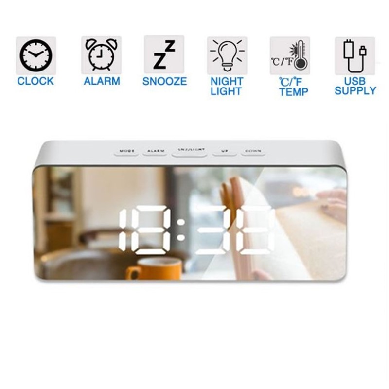 Spejl vækkeur digital snooze bordur vågne lys elektronisk tid temperatur display led makeup vækkeur