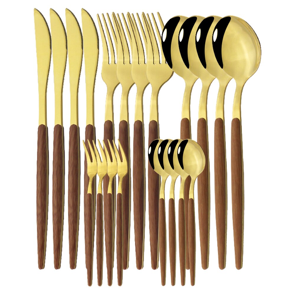 20Pcs Zilveren Houten Handvat Westerse Servies Set Roestvrij Stalen Bestek Set Mes Vork Lepel Theelepel Diner Servies Set: C Brown Gold