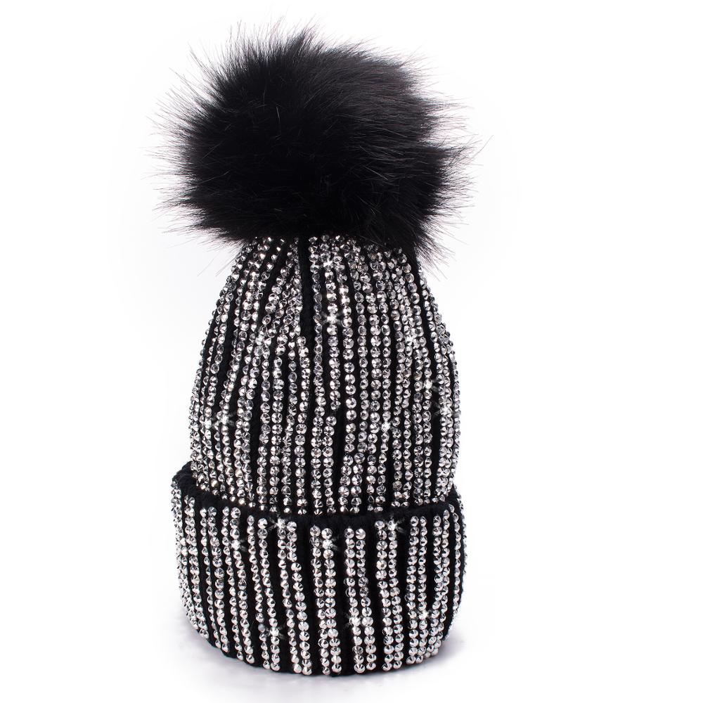 Lawliet Winter Hats Faux Fur Pom Pom Rhinestone Bling Style Women Beanies Warm Knitted Hat Ladies Skull Cap A469