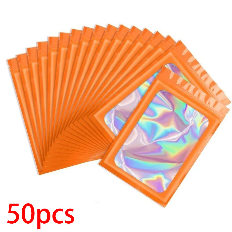 50 stk. /100 stk. gennemsigtige lugttætte mylarposer, genlukkelige lugttætte poser, holografisk emballagepose med klart vindue: M / Orange