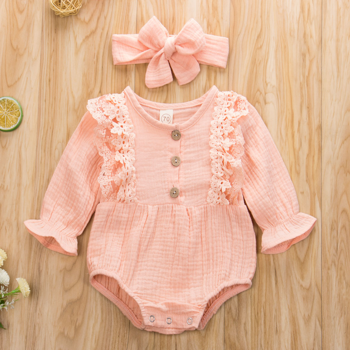 Pudcoco Pasgeboren Baby Meisje Kleding Effen Kleur Kant Ruche Lange Mouw Kinnted Katoen Romper Jumpsuit Hoofdband 2 Stuks Outfits Set