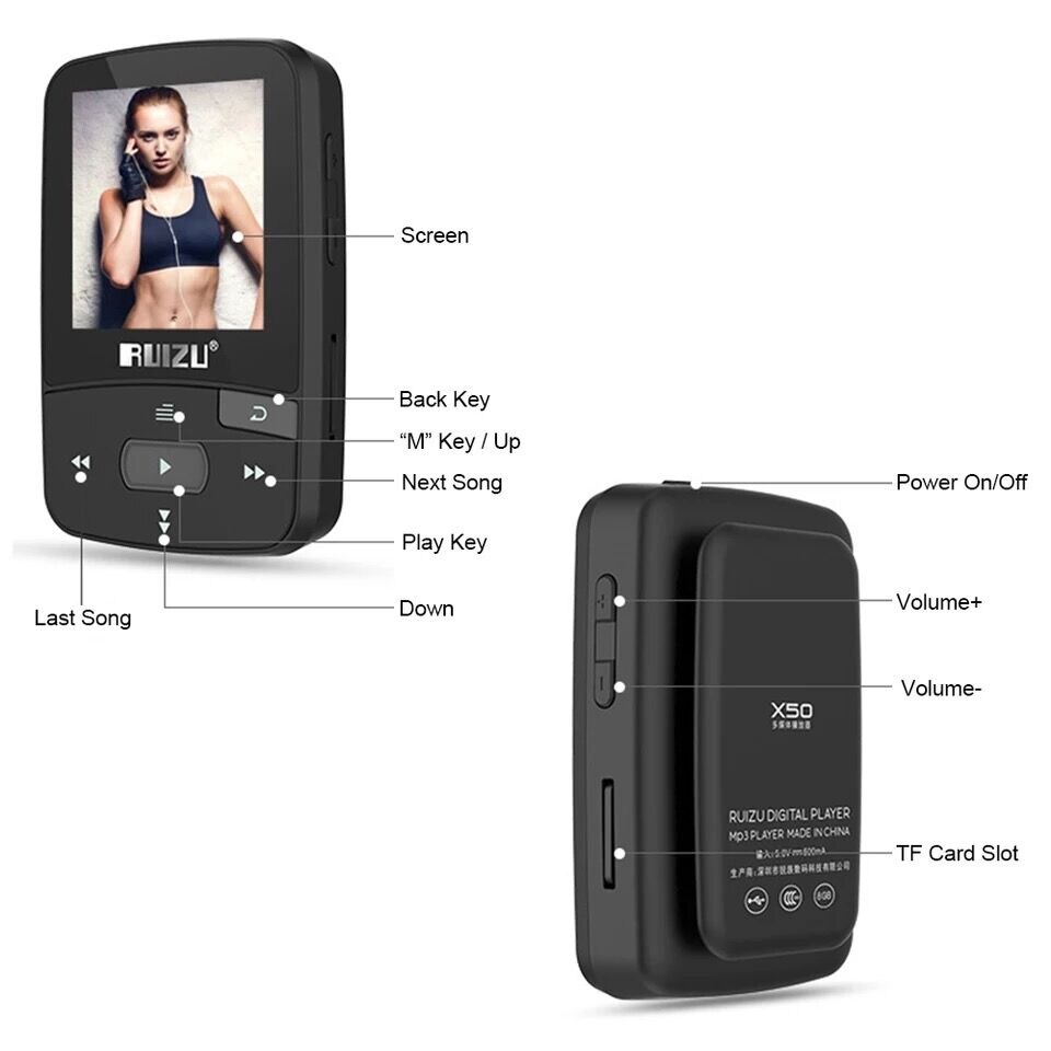 Original Ruizu X50 Sport Bluetooth MP3 Speler 8Gb Clip Mini Met Screen Ondersteuning Fm, Opname, E-Book, Klok, Stappenteller