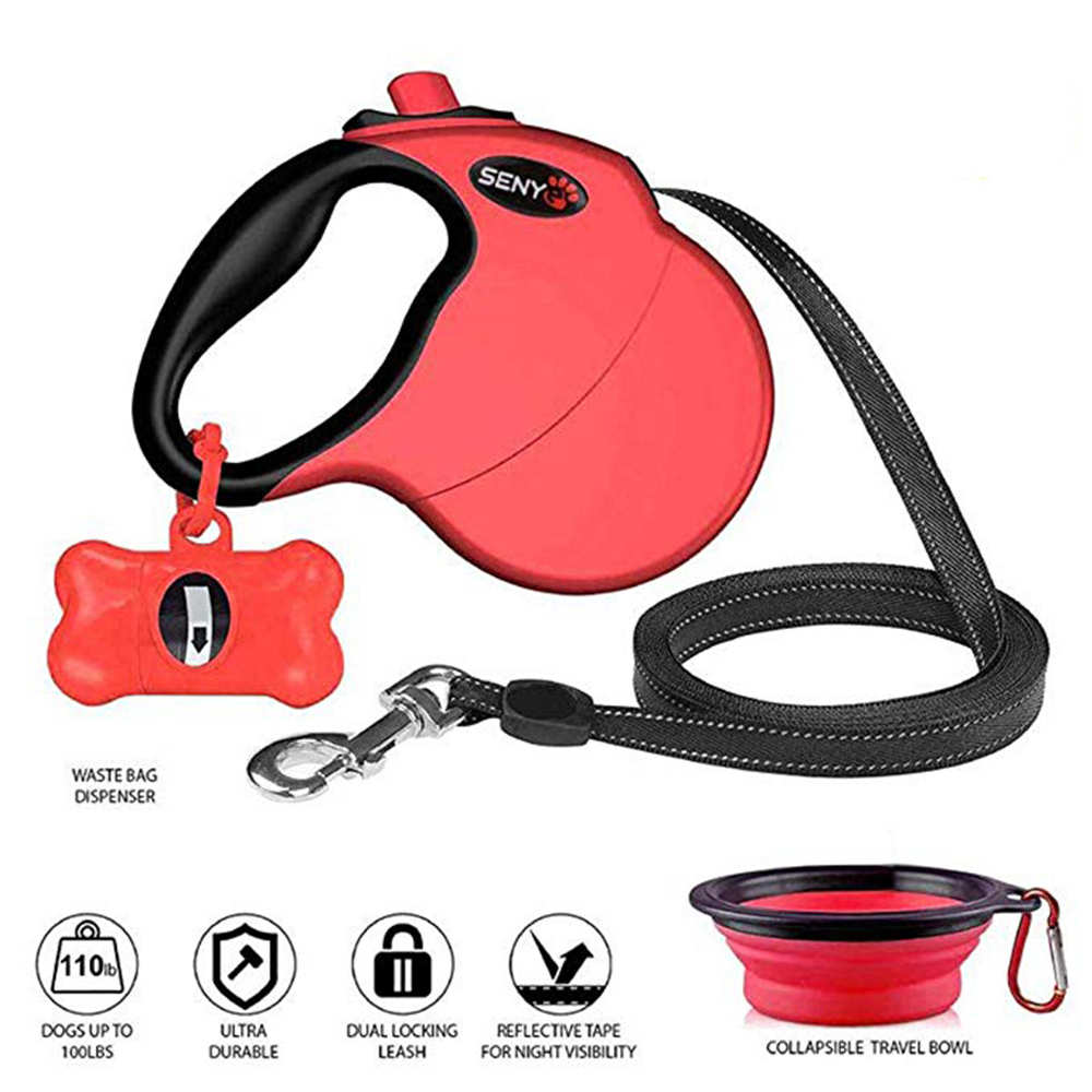 Pet Dog Leash 5M Durable Automatic Retractable Dog Leash Dog Bowl Dog Garbage Bag Set of Combinations Great for Medium&Large Dog: red