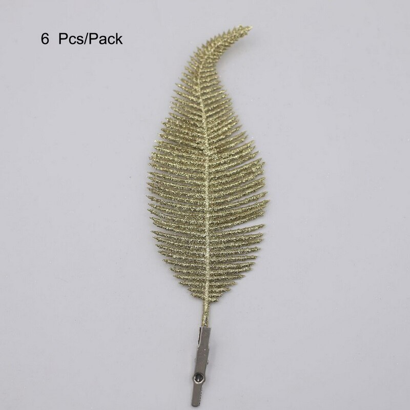 Simulatie Bloem Kerstboom Vaas Decoratie Clip Op Glittery Kerstballen Ornament Veer Bladeren Voor Home Office Decoraties: 6Pcs Gold
