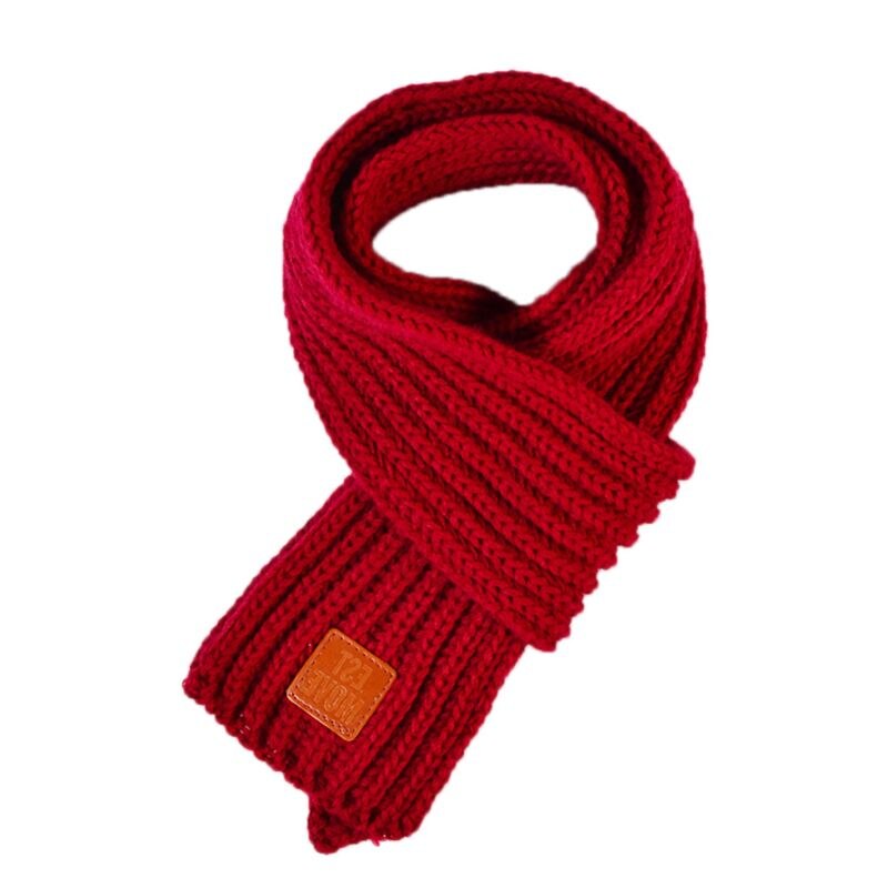 Børn drenge piger strikket tørklæde akryl fiber ensfarvet fortykket vinter hals varmere sjal gummi bogstaver patch tørklæder  lx9e: Purpur rød