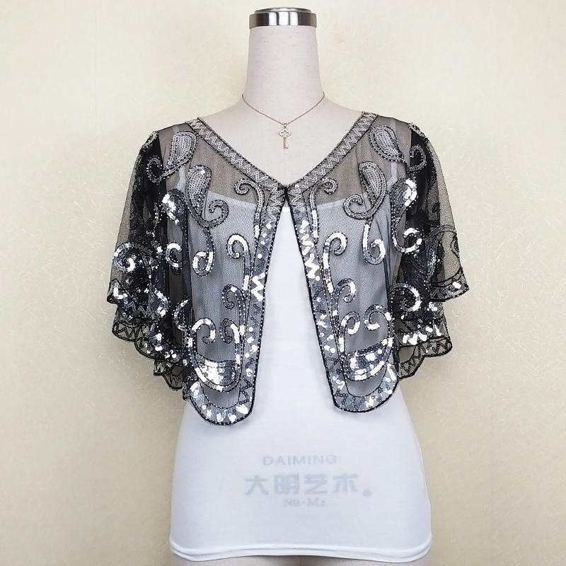 Capa de boda con cuentas de lentejuelas para mujer, Bolero, Capa, color negro, dorado y plateado, 5 colores: blacksilver