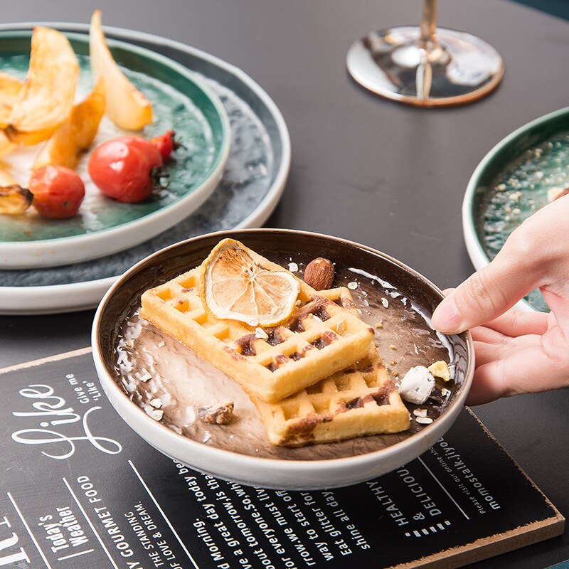 Stone pattern ceramic dinner round plate bone china dinnerware sets salad sushi dessert plate kitchen serving dishes sets