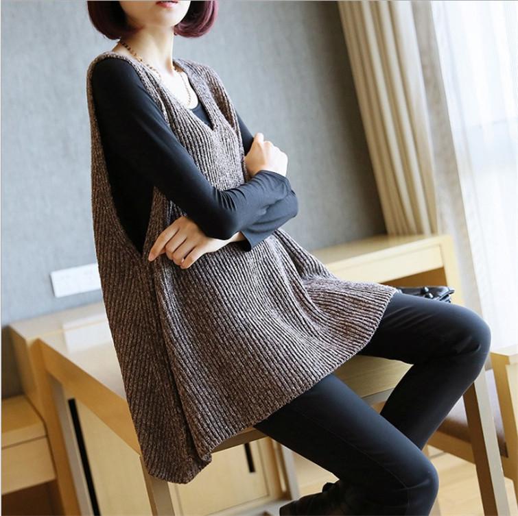 Female Autumn Loose Womens Vest Jackets Waistcoat Woman Hedging Vests Spring Long Ladies Knitted Gilet Coat Sweaters Chaleco: Brown