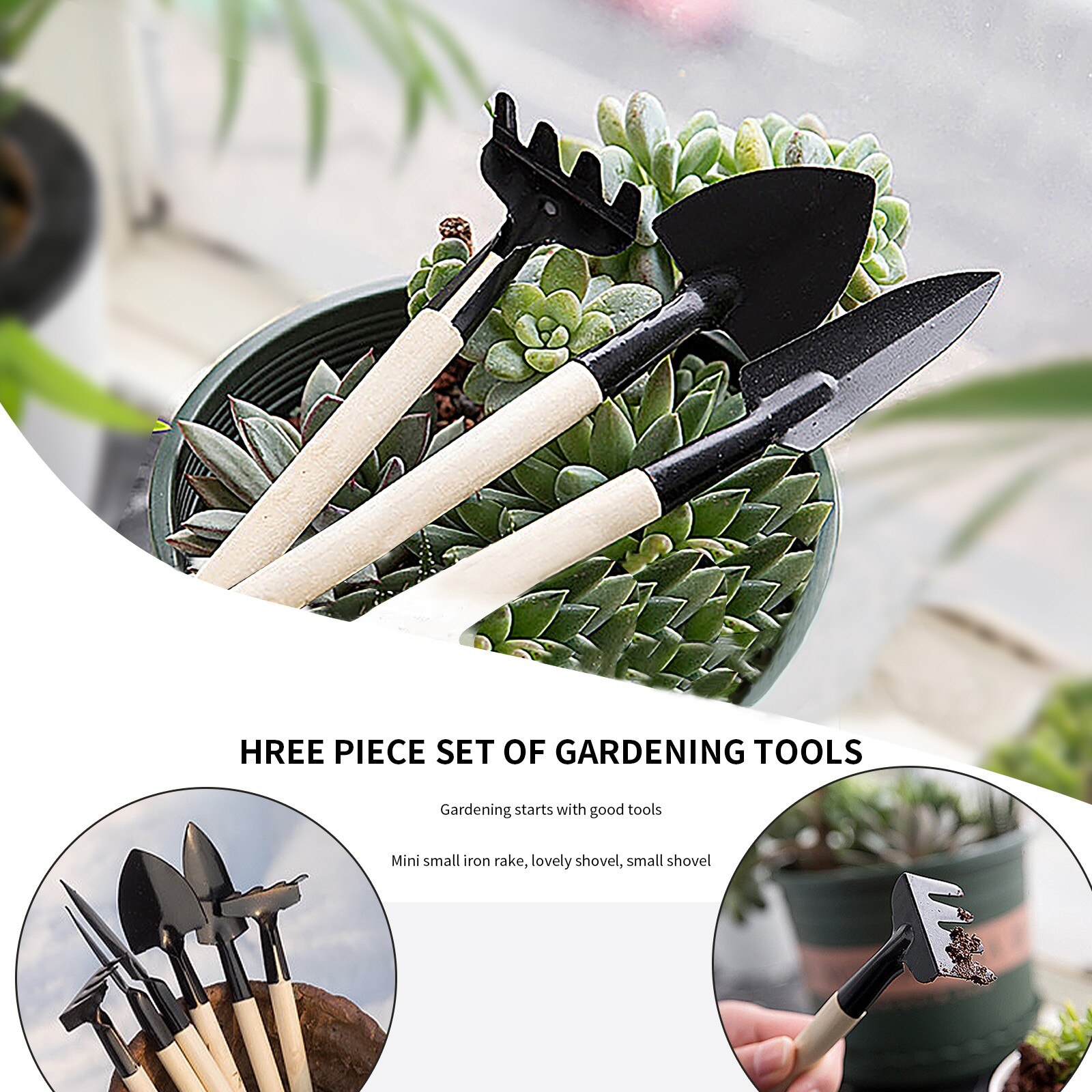 Wooden Handle Gardening Tools Portable Gardening Tool Metal Garden Soil Gardening Tools Shovel Spade Rake 3-Piece Set Mini