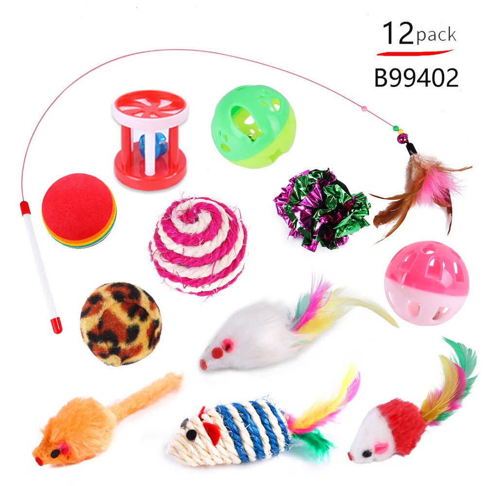 Jouets en forme de souris pour chat, boules en forme de souris, formation pour chaton, ensemble de jouets amusants interactifs, bâton d'herbe à chat, boule de cloche en Sisal, fourniture pour animaux de compagnie,: 12pcs cat toys