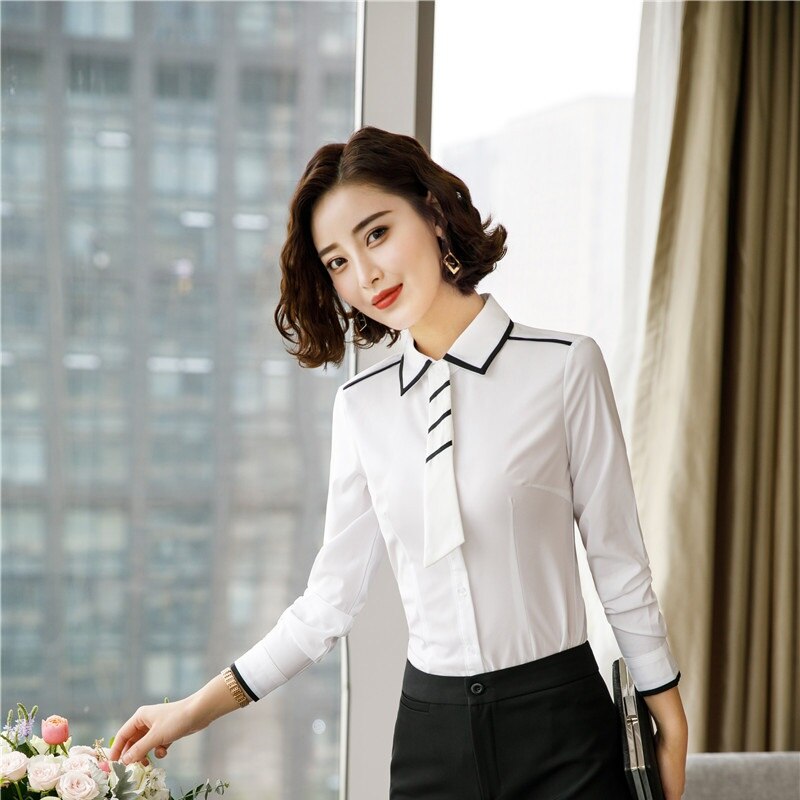 Styles Autumn Winter Formal Women Business Work Wear Blouses & Shirts Ladies Office Tops Clothes Blouse White