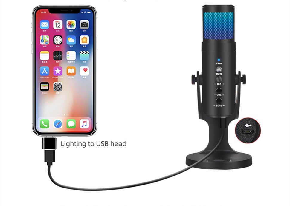 Type C Lightning Usb Condensator Microfoon Voor Telefoon Pc Live Karaoke Opname PS4 Game Microfoon Met Geluidskaart Rgb Licht: Lightning head