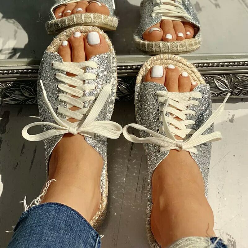 Women Leisure Cross-tied Flash Drilling Sequins Sandals Beach Flats Travel Outside Slippers zapatos de mujer
