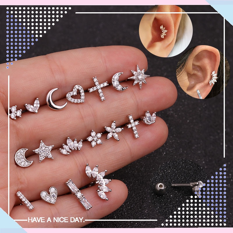 1 pieza oro blanco Luna estrella flor Cruz y corazón Marquesa acero Barbell CZ Tragus Diath cartílago Helix Rook Piercing pendiente