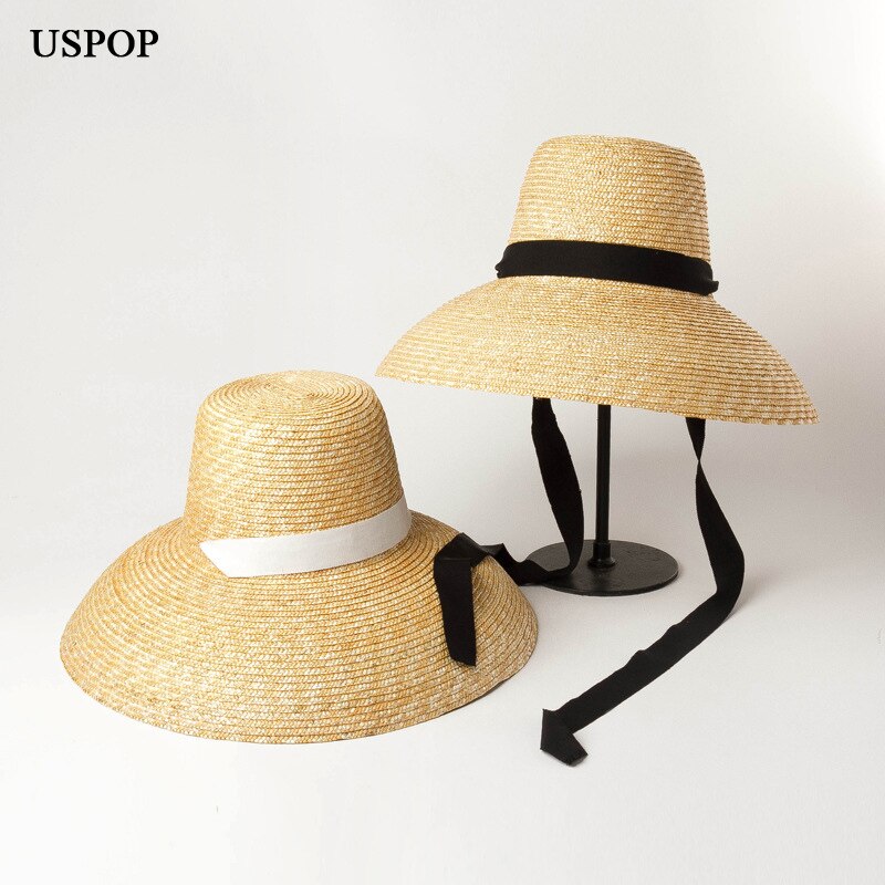 Uspop sommerhatte til kvinder naturlige hvede stråhatte høje flade top lange bånd snørebånd solhatte brede rand strand hatte