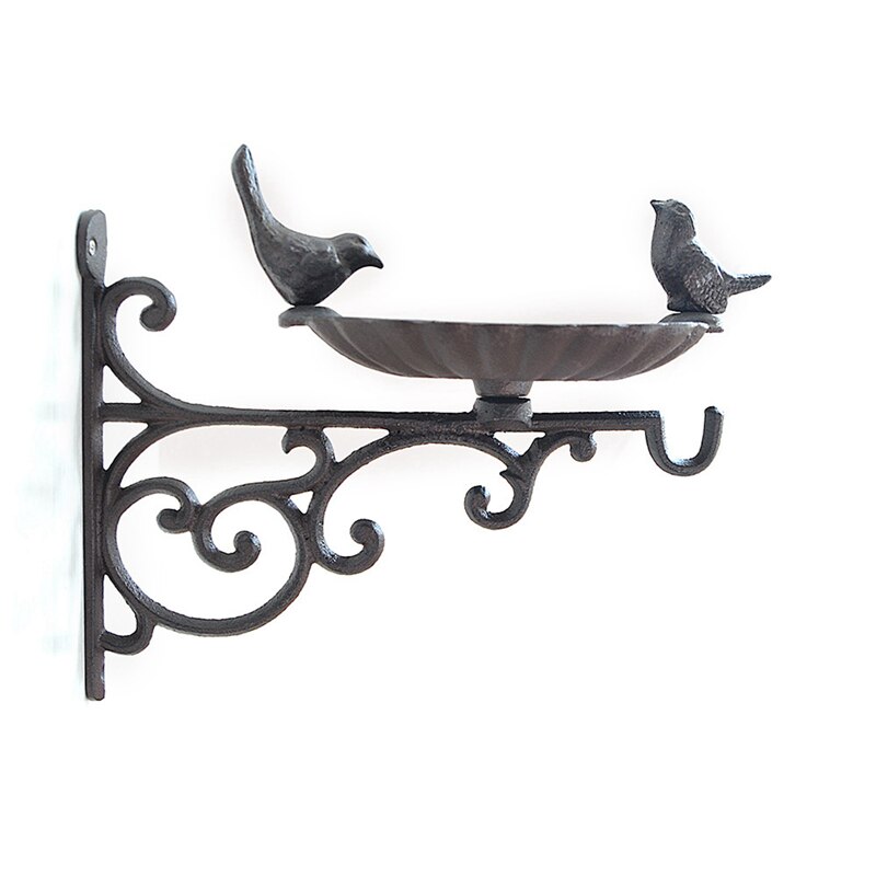 Bird Bath/Feeder With Wall Bracket Outdoor Garden Cast Iron Hanging Basket Bird Bath Wall Mounted Hook Bracket: Default Title